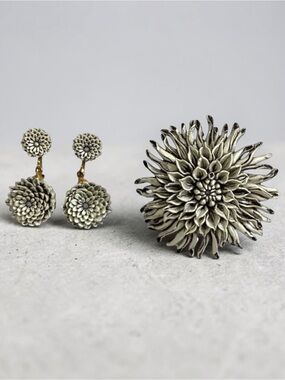 Vintage Mandala Type Flower Drop Dangle Clay Clip-on Earrings and Brooch